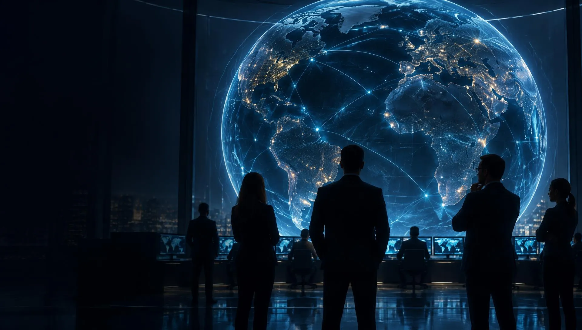 Security team members in silhouette in a darkened operations room, facing a large illuminated world globe linked by cyan network arcs with small gold points of light